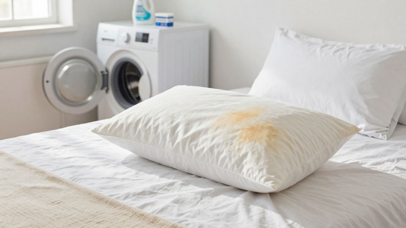 Travesseiro branco com mancha amarelada sobre cama branca, máquina de lavar roupa ao fundo.
