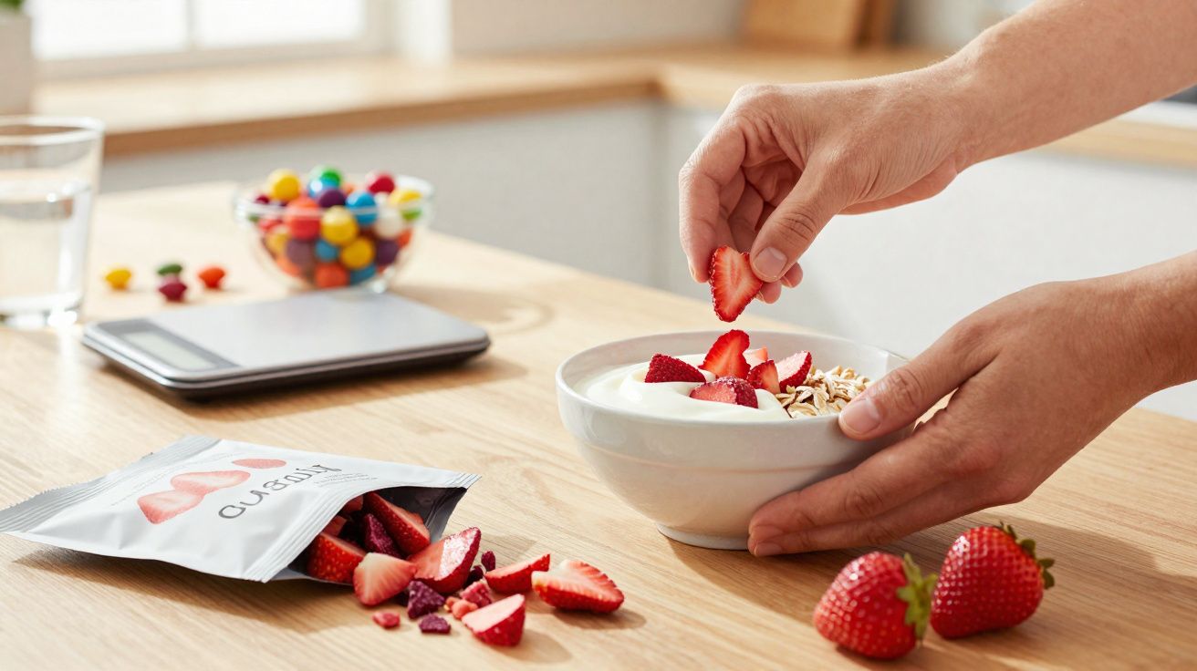 Pessoa colocando morangos fatiados em iogurte com granola em uma tigela branca sobre mesa de madeira.
