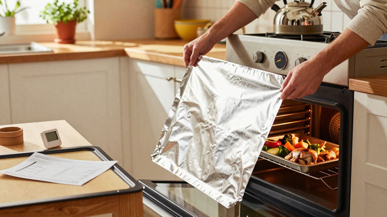 Pessoa usando papel alumínio para cobrir alimento no forno da cozinha.