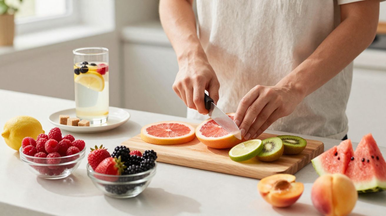 Pessoa cortando frutas frescas em tábua com várias frutas e copo de água com frutas na bancada.