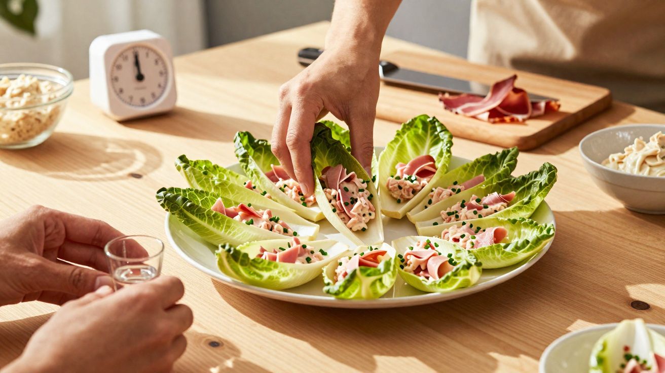 Prato com folhas de alface recheadas com frios e maionese, mão retirando uma porção sobre mesa de madeira.