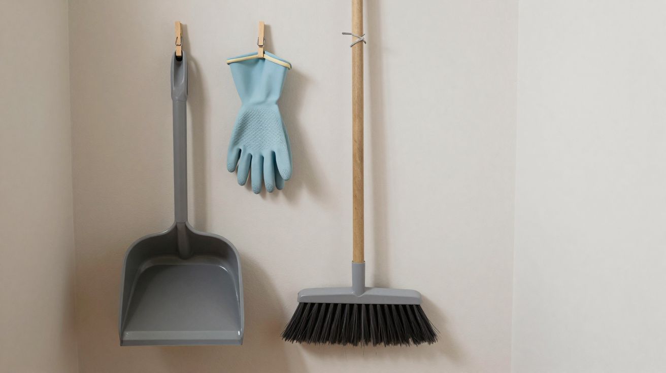Vassoura, pá e luva de limpeza azul penduradas em parede clara, organizadas para uso doméstico.