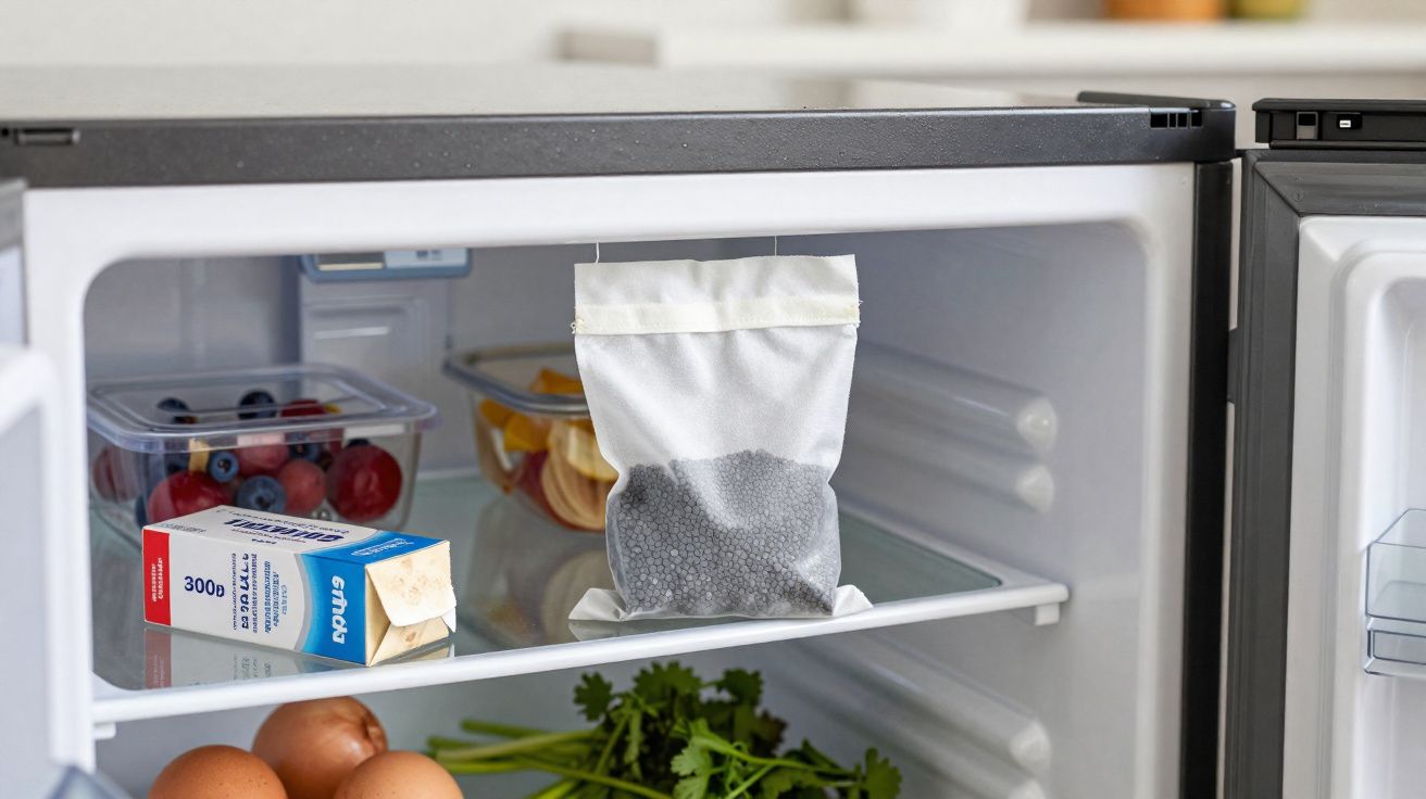 Interior da geladeira aberta com frutas, ovos, salsinha, leite e um saco branco com sementes pretas.