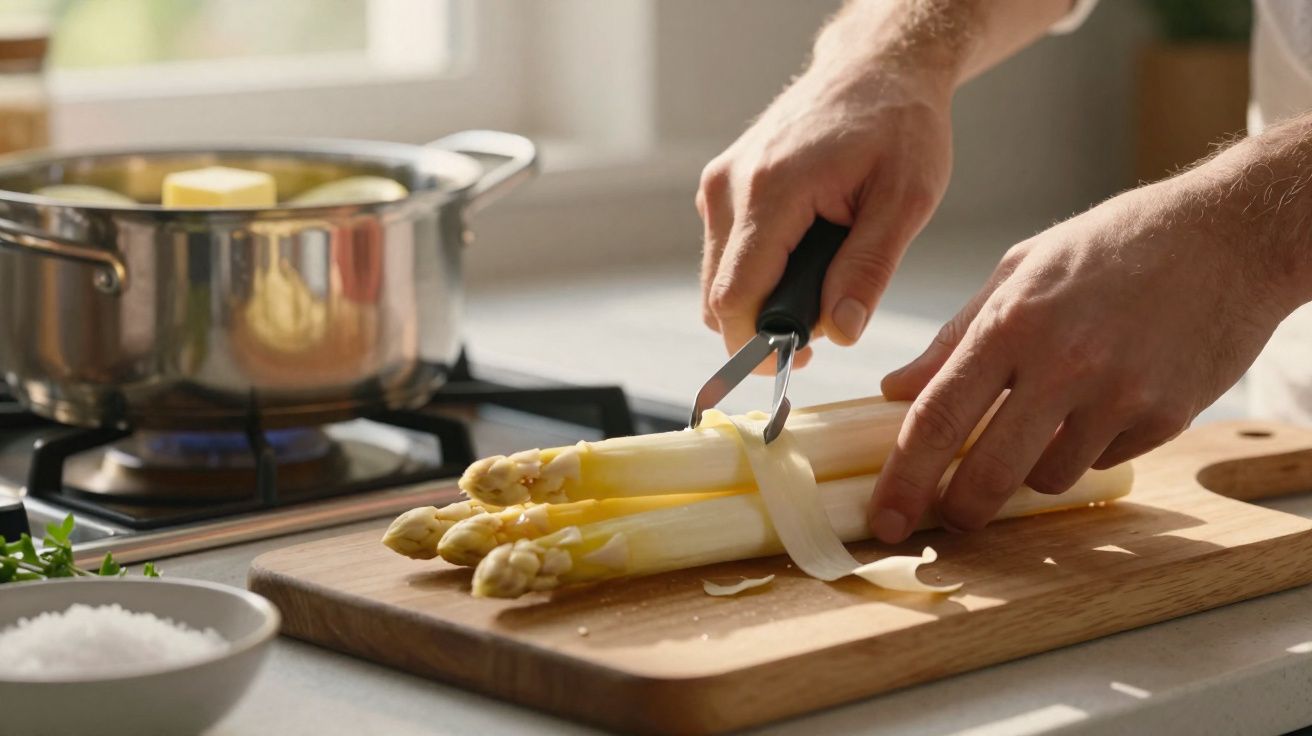 Pessoa descascando aspargos brancos em tábua de madeira na cozinha com panela no fogão.