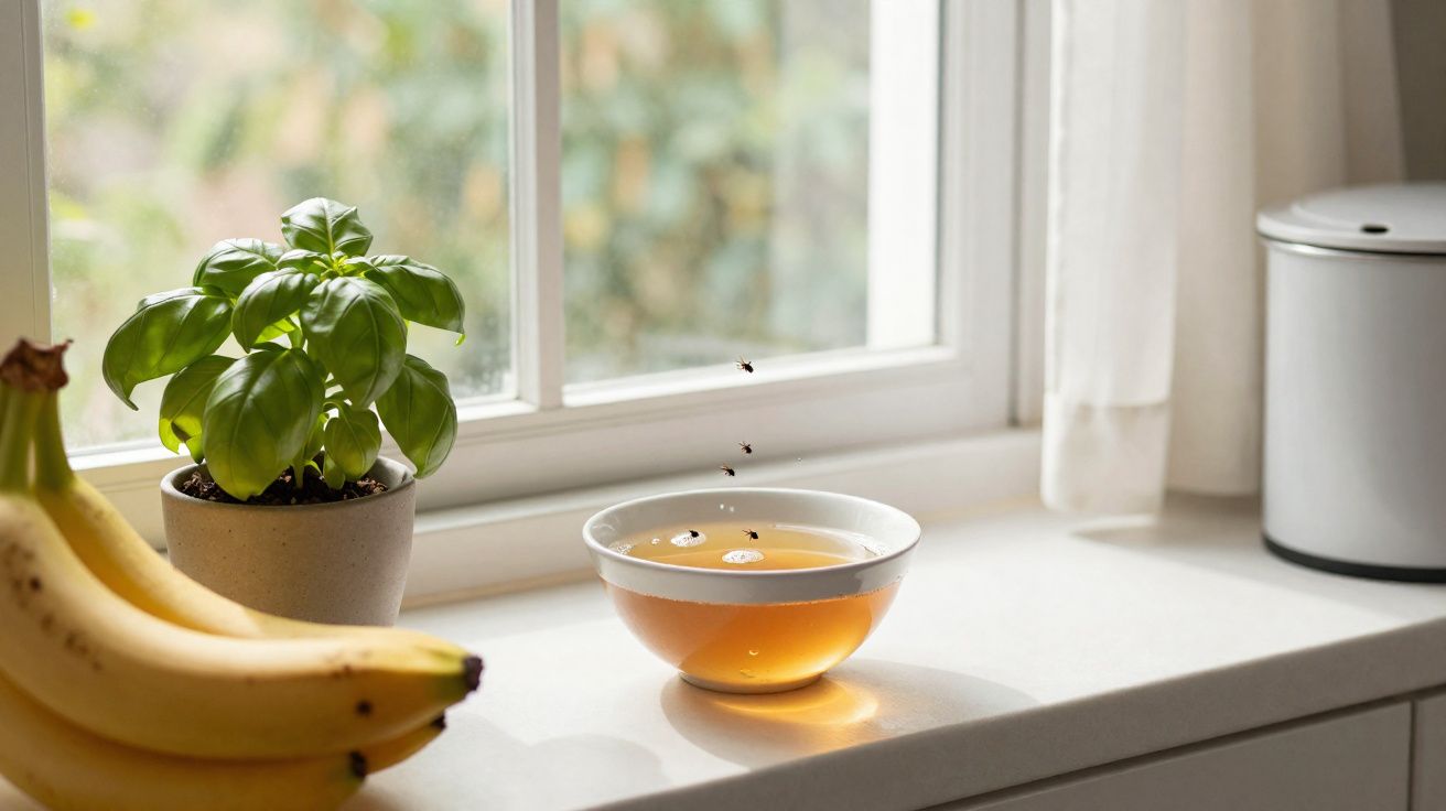 Fruteira com bananas, planta em vaso, e xícara com líquido e gotas caindo sobre bancada próxima à janela.