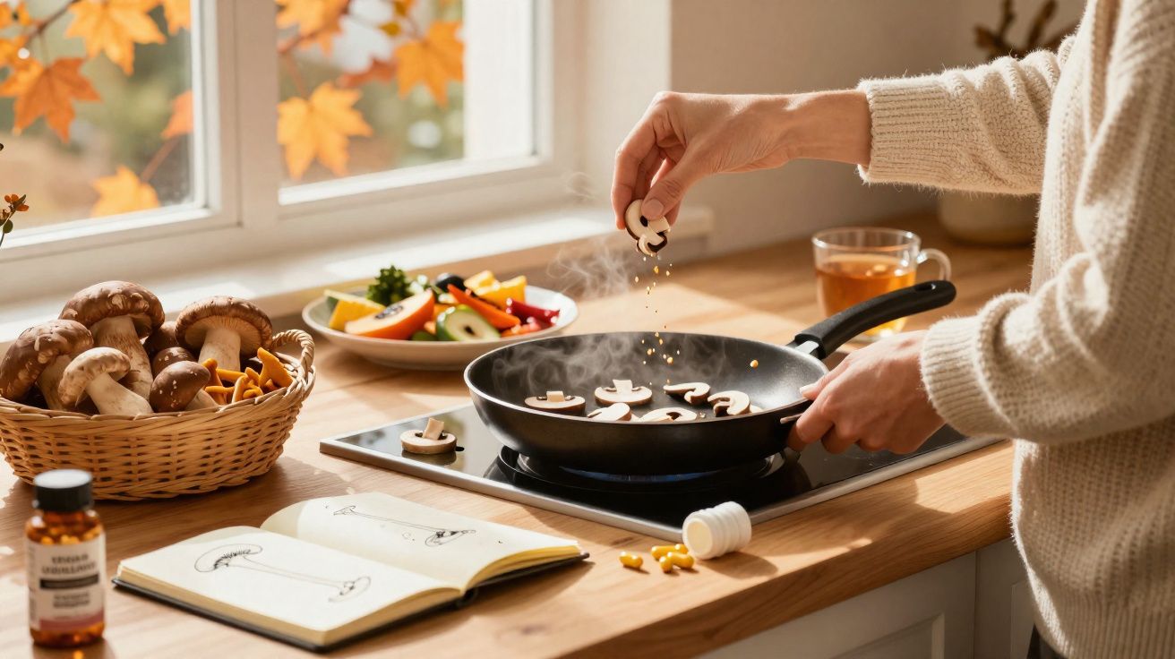 Pessoa preparando cogumelos em frigideira, com cesta de cogumelos e livro aberto ao lado na cozinha iluminada.