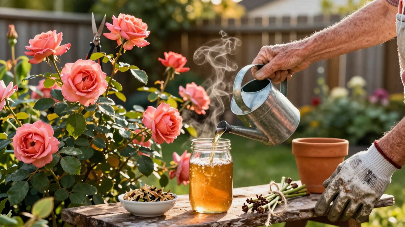Pessoa regando plantas com regador metálico em jardim com rosas cor de rosa e jarra com líquido dourado.