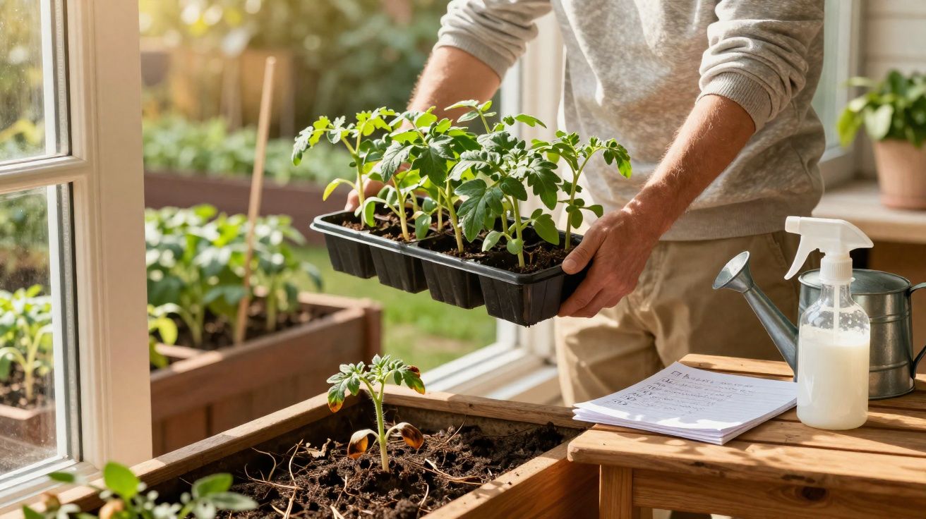 Pessoa segurando bandeja com mudas de plantas para colocar em canteiro próximo à janela iluminada.