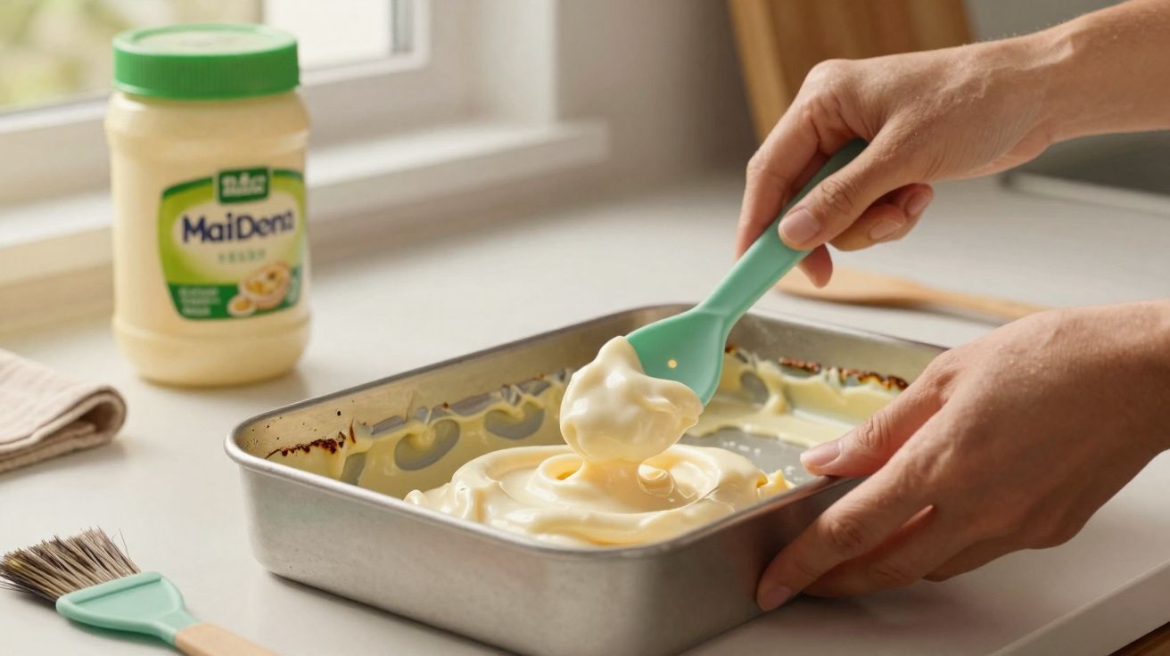 Pessoa espalha maionese em assadeira com colher azul em bancada próxima a pote de maionese.