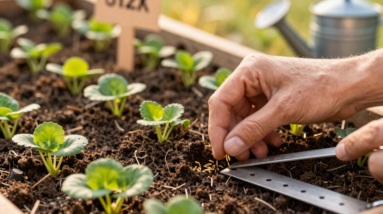Mãos plantando sementes em terra próxima a mudas de morango em canteiro com regador ao fundo.