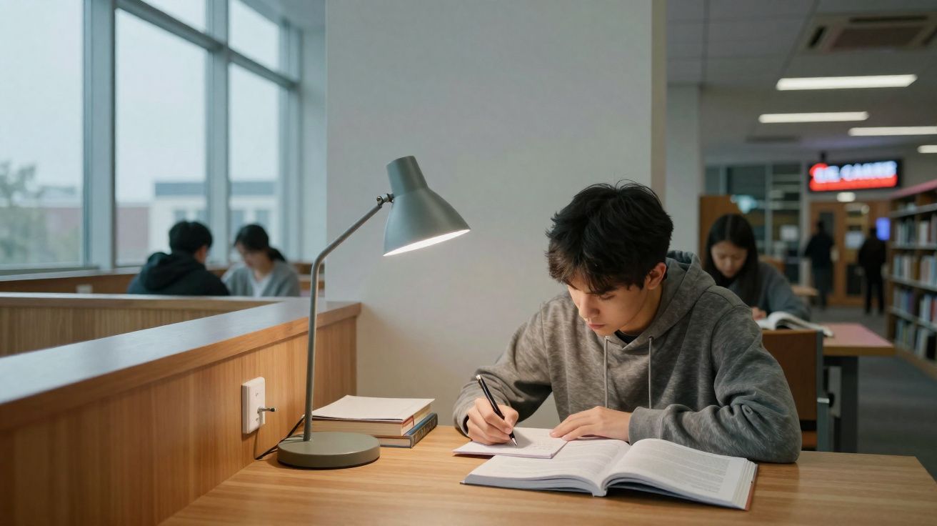 Jovem estudando e escrevendo em livro aberto em mesa de biblioteca com luminária e outras pessoas ao fundo.