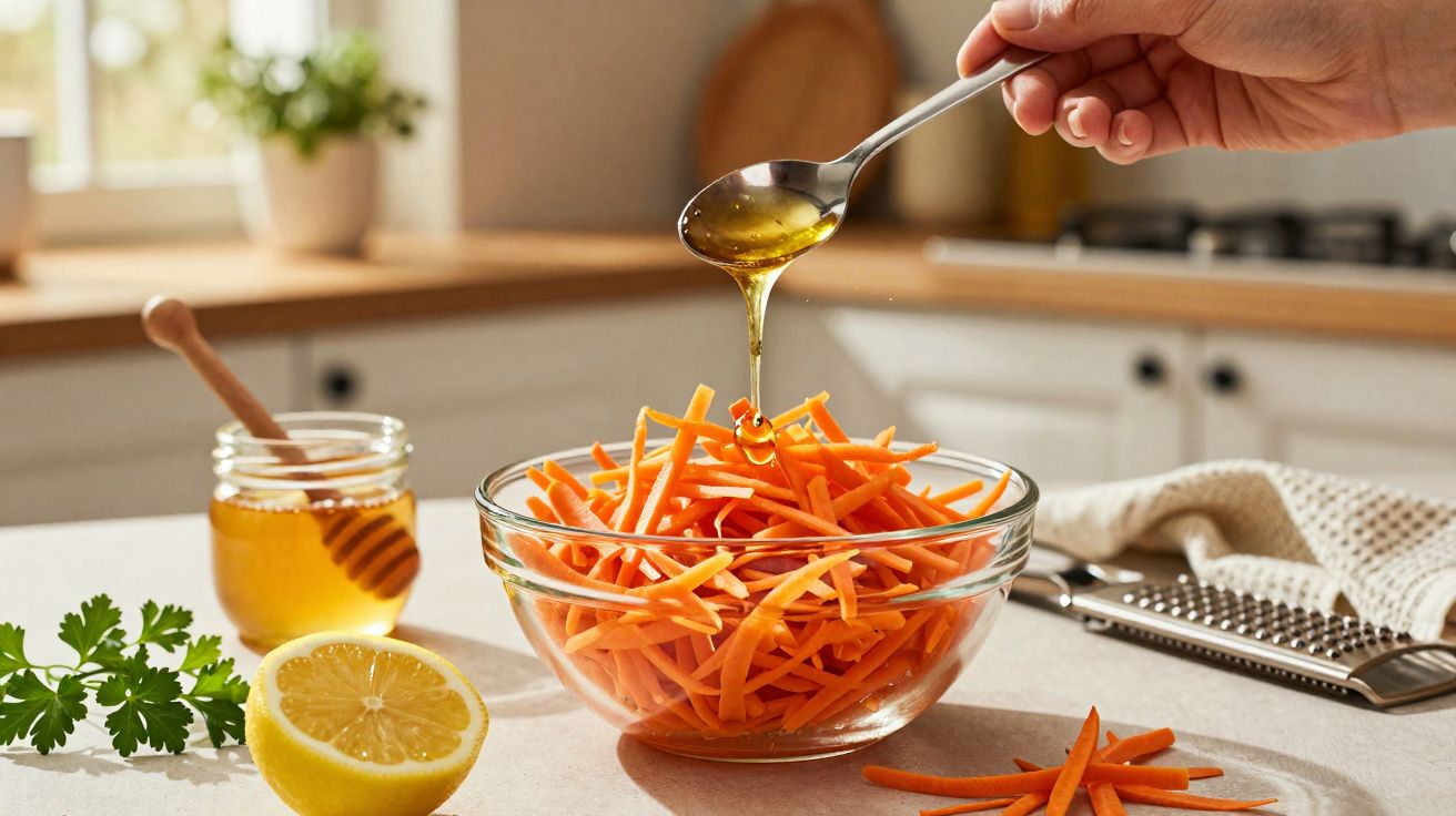 Pessoa despejando mel em tiras de cenoura em tigela de vidro na cozinha moderna.