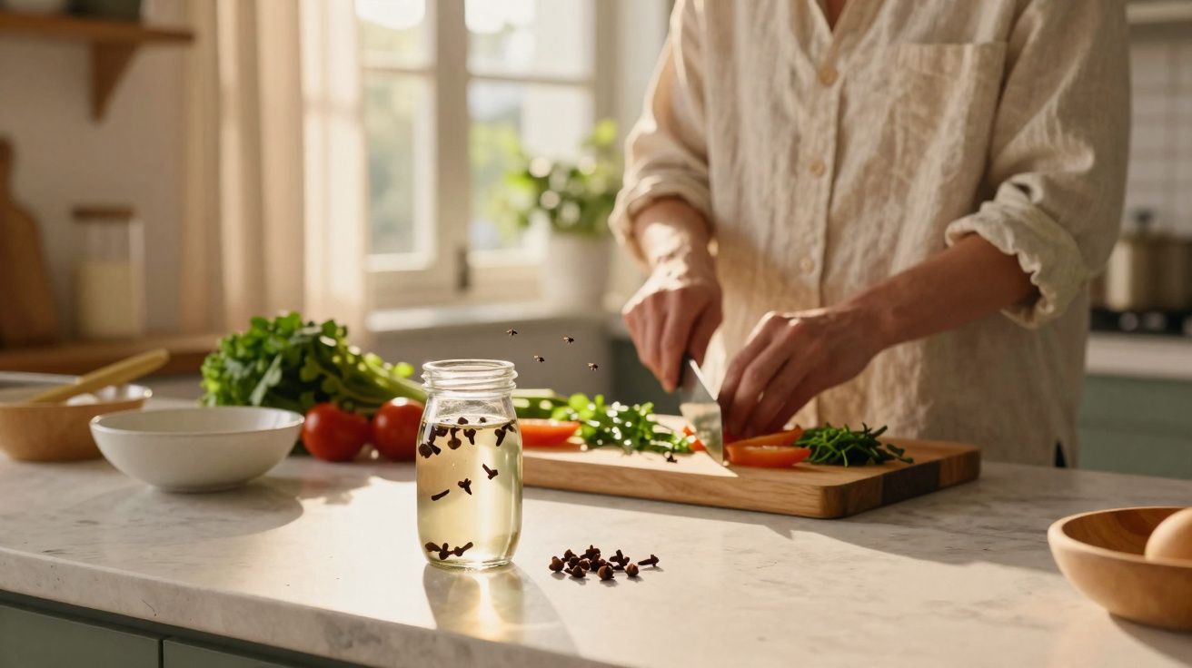 Pessoa cortando legumes na tábua em cozinha iluminada, com frasco de temperos na bancada de mármore.
