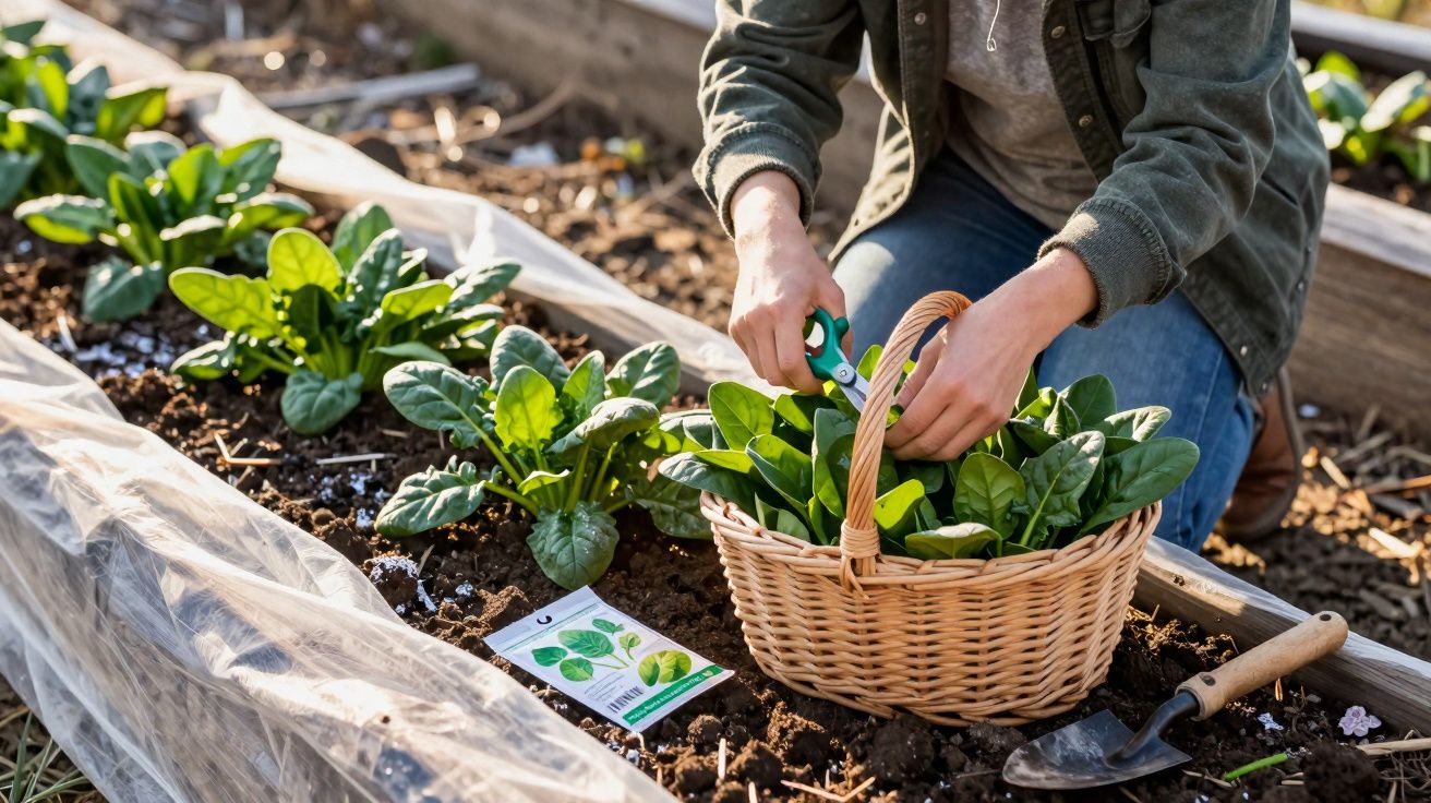 Pessoa colhendo folhas verdes frescas em cesta sobre canteiro de jardim com terra e sementes.
