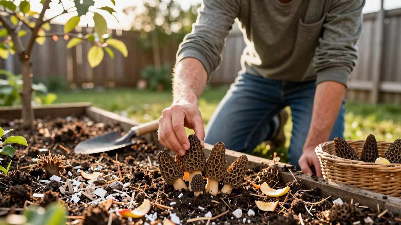 Pessoa colhendo cogumelos morel em canteiro de jardim com cesta ao lado.