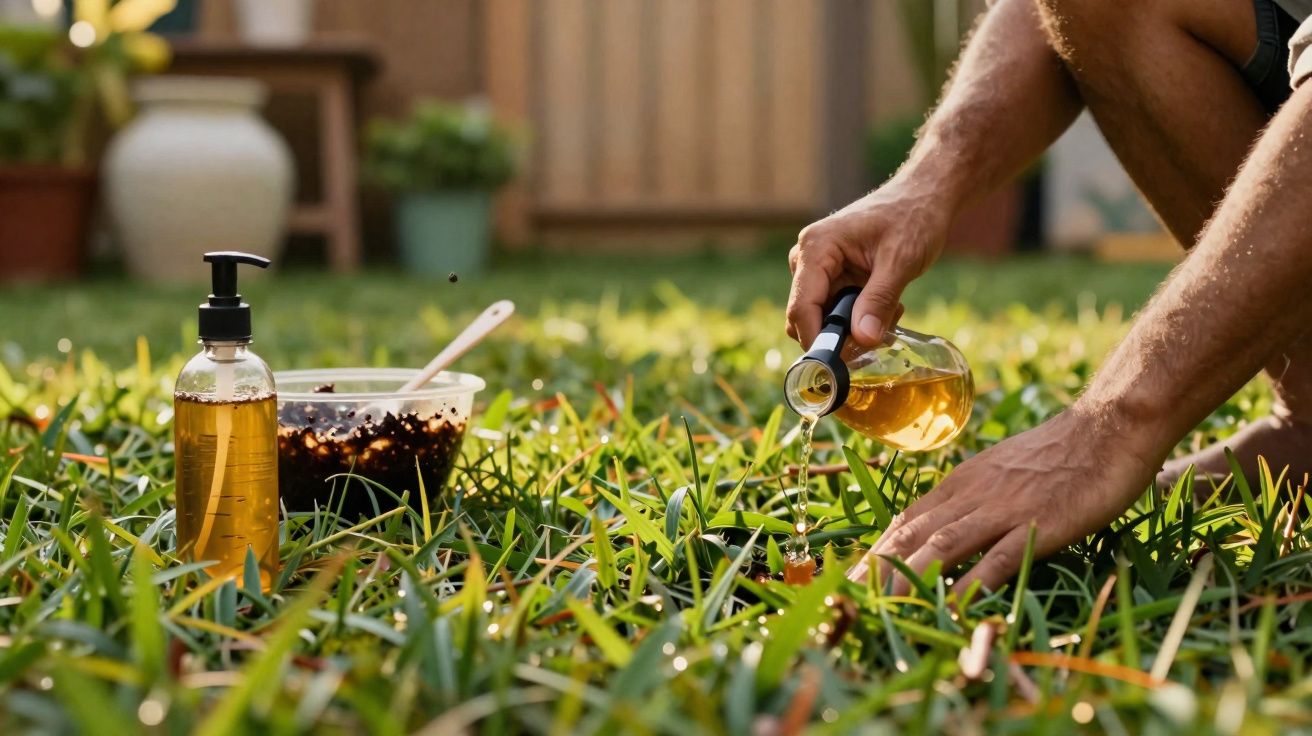 Pessoa derramando óleo em plantas do jardim com frasco de óleo e pote com mistura ao fundo.