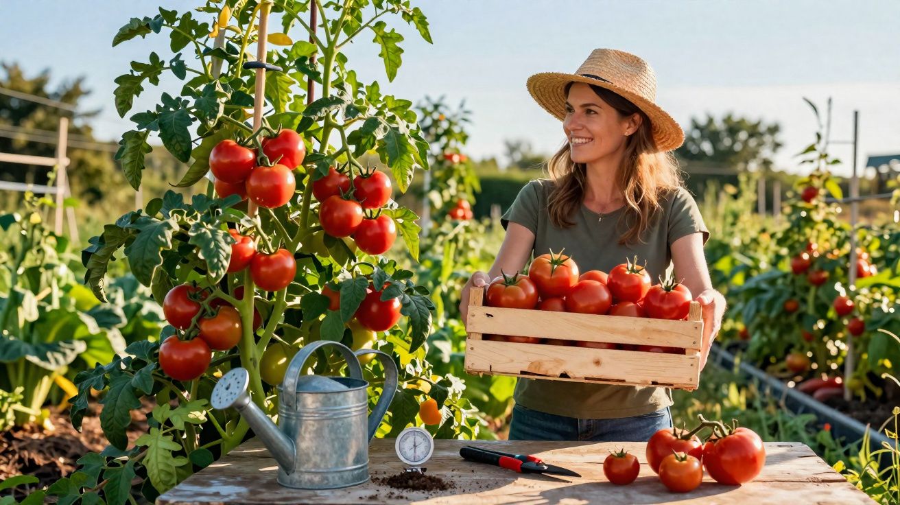 Mulher sorridente colhendo tomates em caixa de madeira em horta ensolarada.