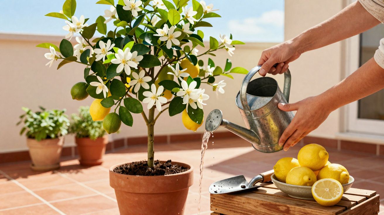 Pessoa regando árvore de limão florido em vaso no terraço ensolarado com limões e flores brancas.