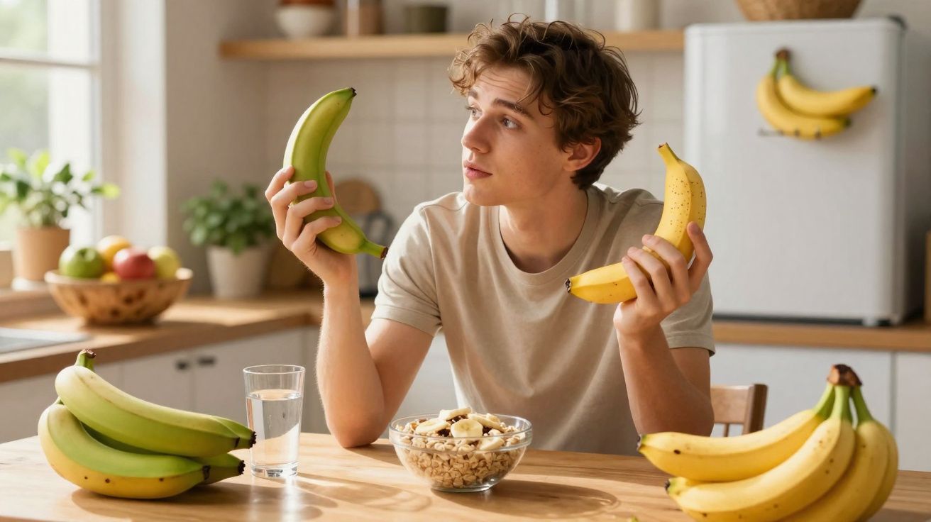 Jovem sentado à mesa segura banana verde e banana amarela, com mais bananas e tigela de cereal.