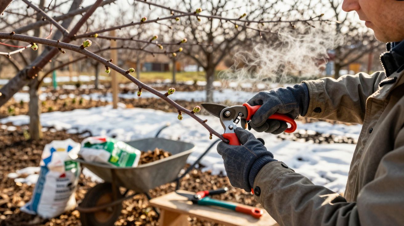 Pessoa podando galho com brotamento em pomar com neve ao fundo durante inverno.