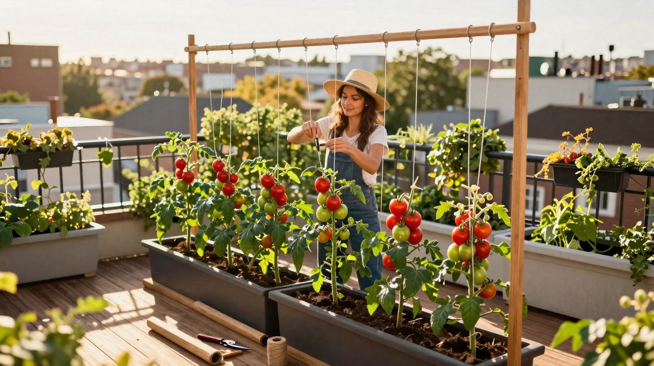 Mulher cuidando de plantas de tomate em vasos grandes na varanda de apartamento ao entardecer.