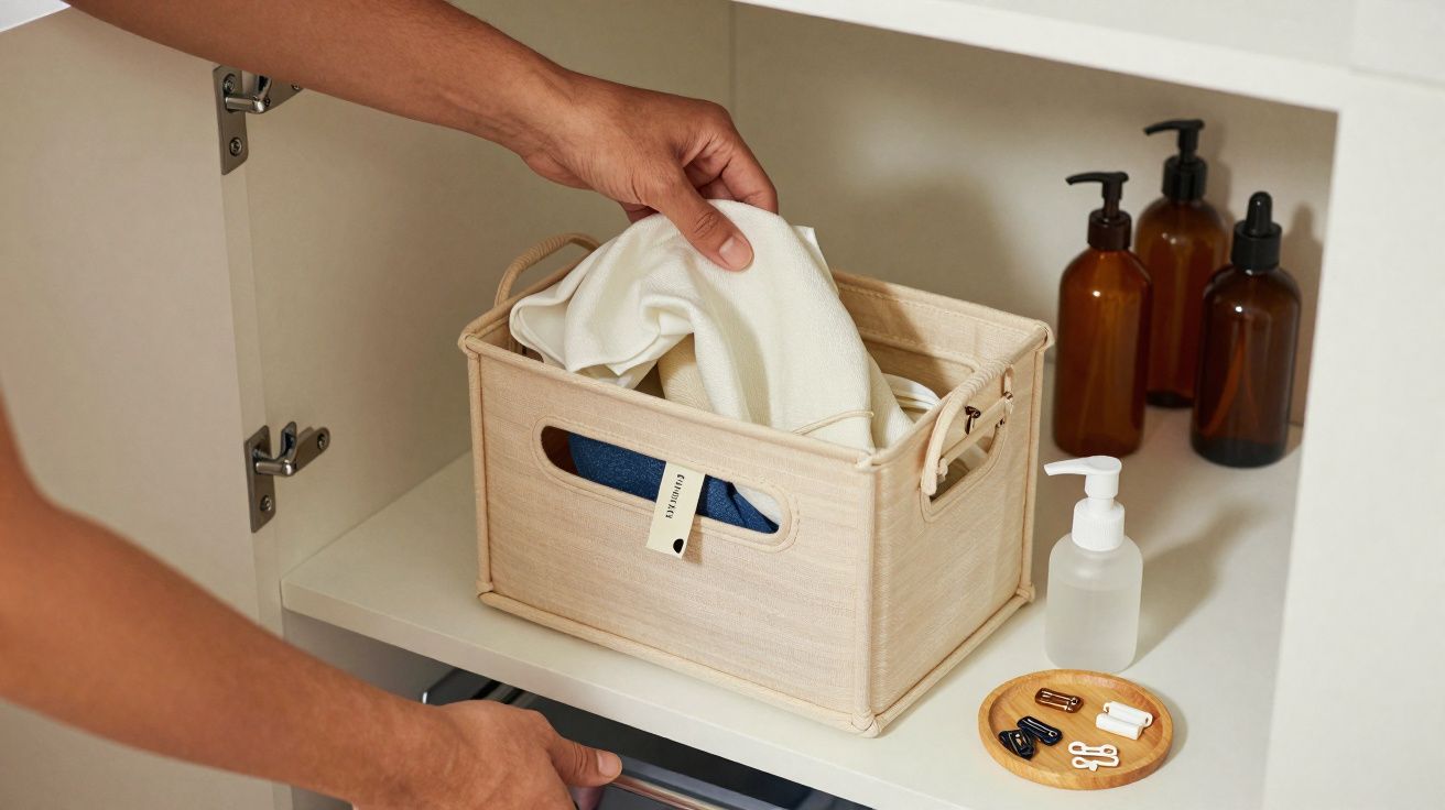 Pessoa guardando roupas em caixa organizadora dentro de armário com frascos e acessórios próximos.