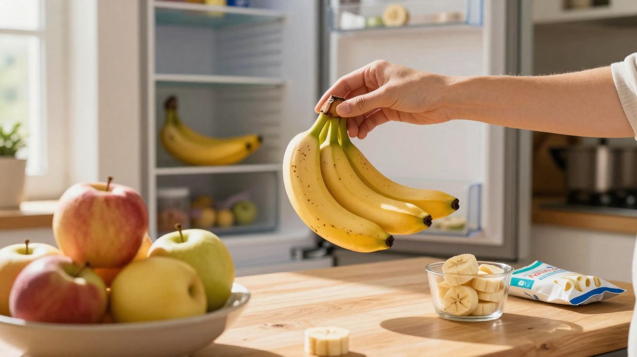 Pessoa pegando um cacho de bananas em cozinha, com frutas sobre a mesa e geladeira ao fundo.