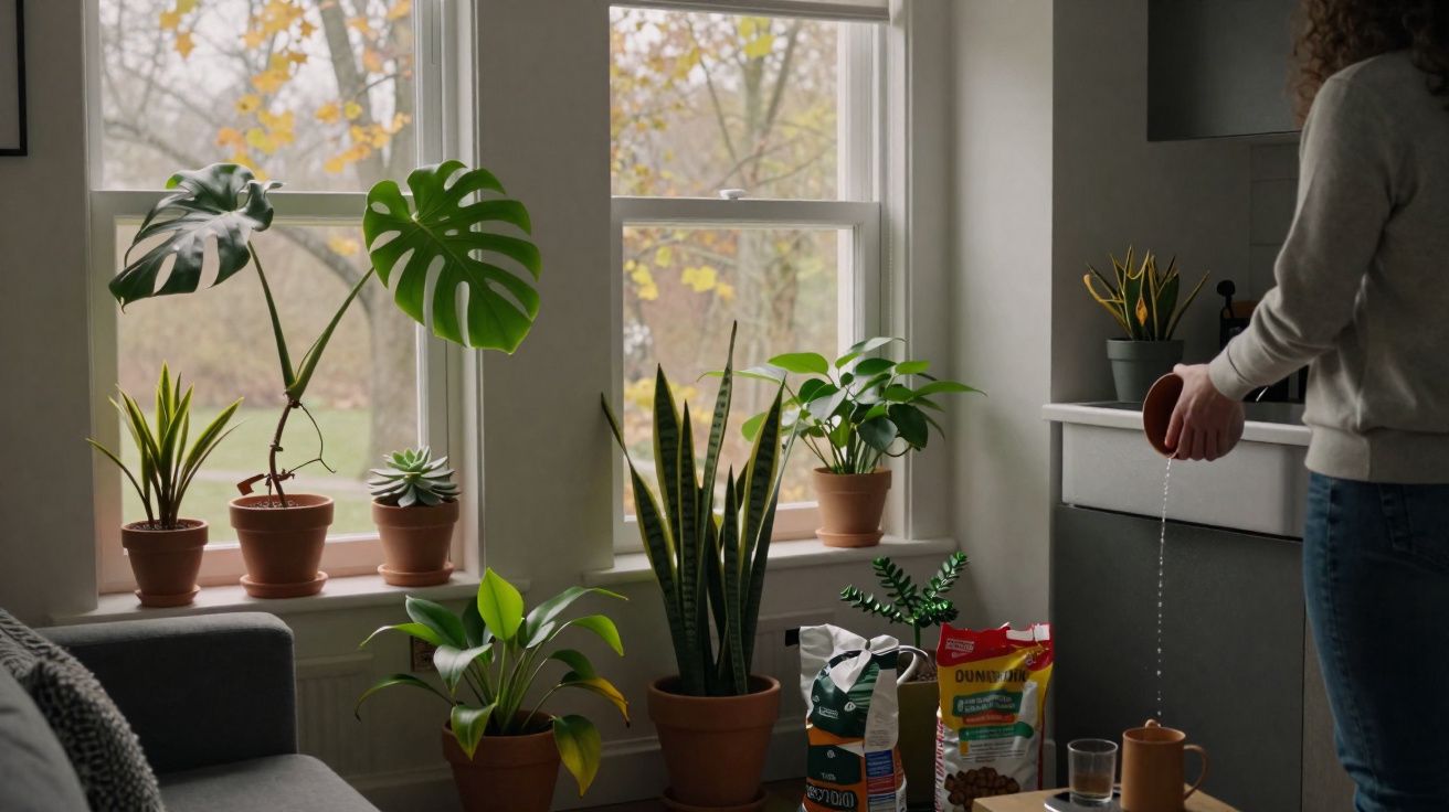 Pessoa regando plantas em vasos perto de janelas com vista para árvores com folhas amarelas.