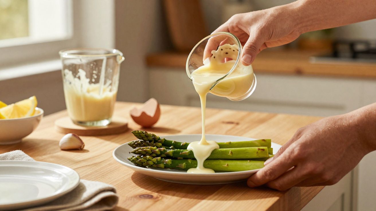 Pessoa despejando molho holandês sobre aspargos verdes em prato branco em cozinha iluminada.