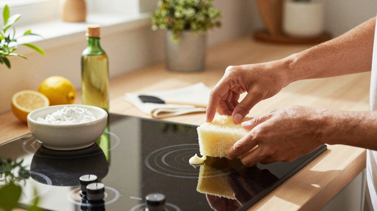 Mãos limpando fogão de vidro com esponja, com limão, bicarbonato e azeite ao fundo na cozinha.