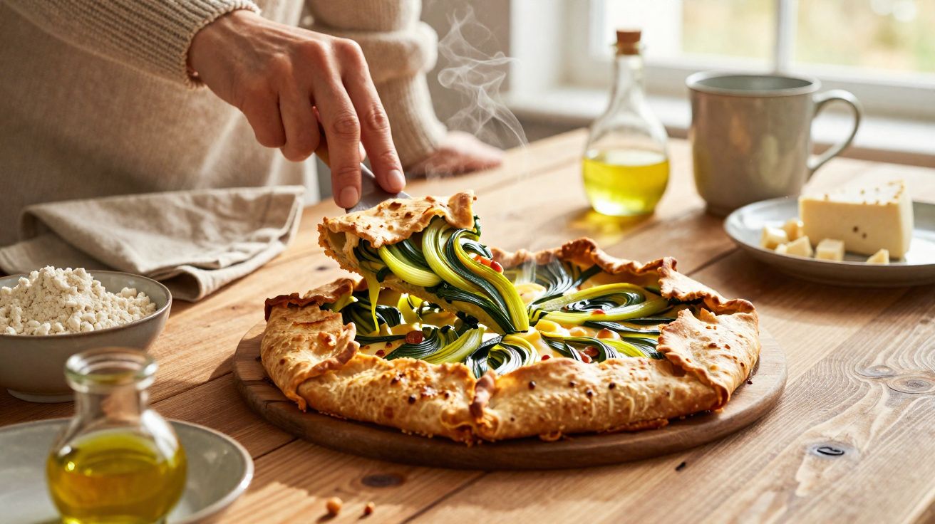 Pessoa cortando torta rústica com legumes, azeite e ingredientes à mesa de madeira.