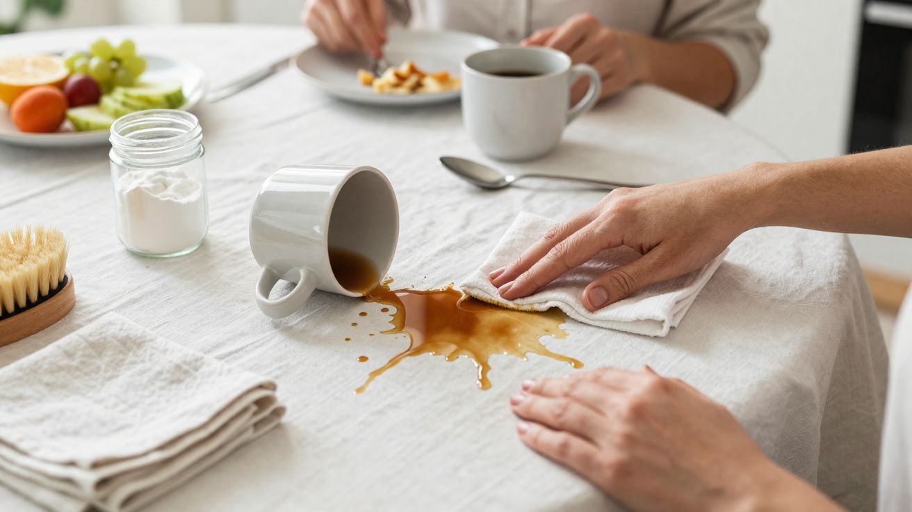 Pessoa limpando café derramado de uma xícara sobre toalha de mesa branca, com outra pessoa ao fundo.