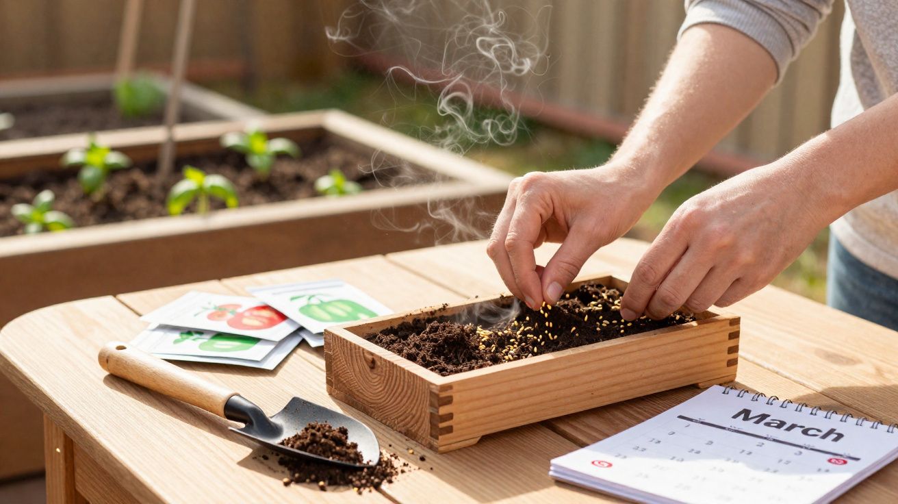 Mãos plantando sementes em caixa de madeira com solo, pacotes de sementes e calendário em mesa de madeira.