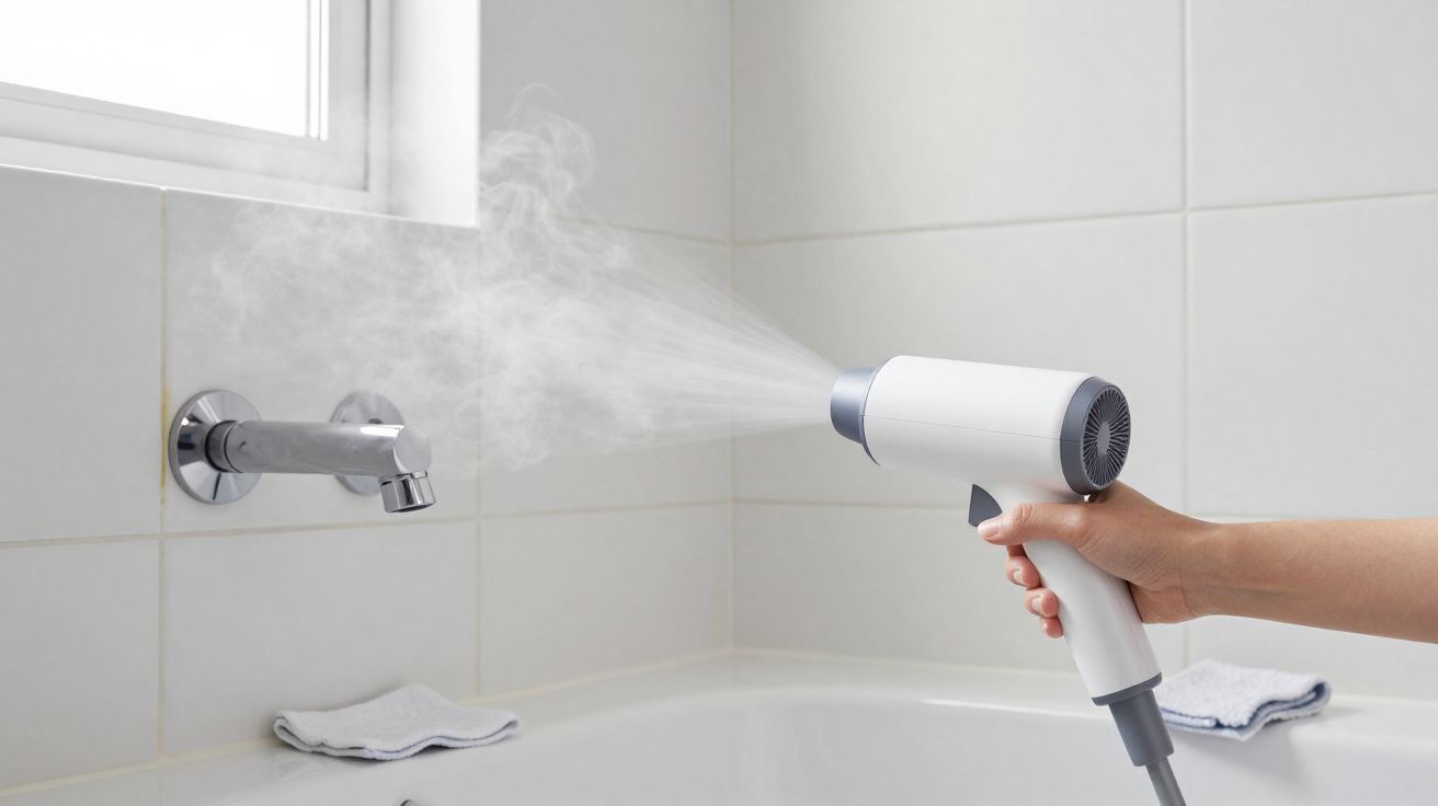 Mão segurando secador emitindo vapor em banheiro com azulejos claros e toalha sobre banheira branca.