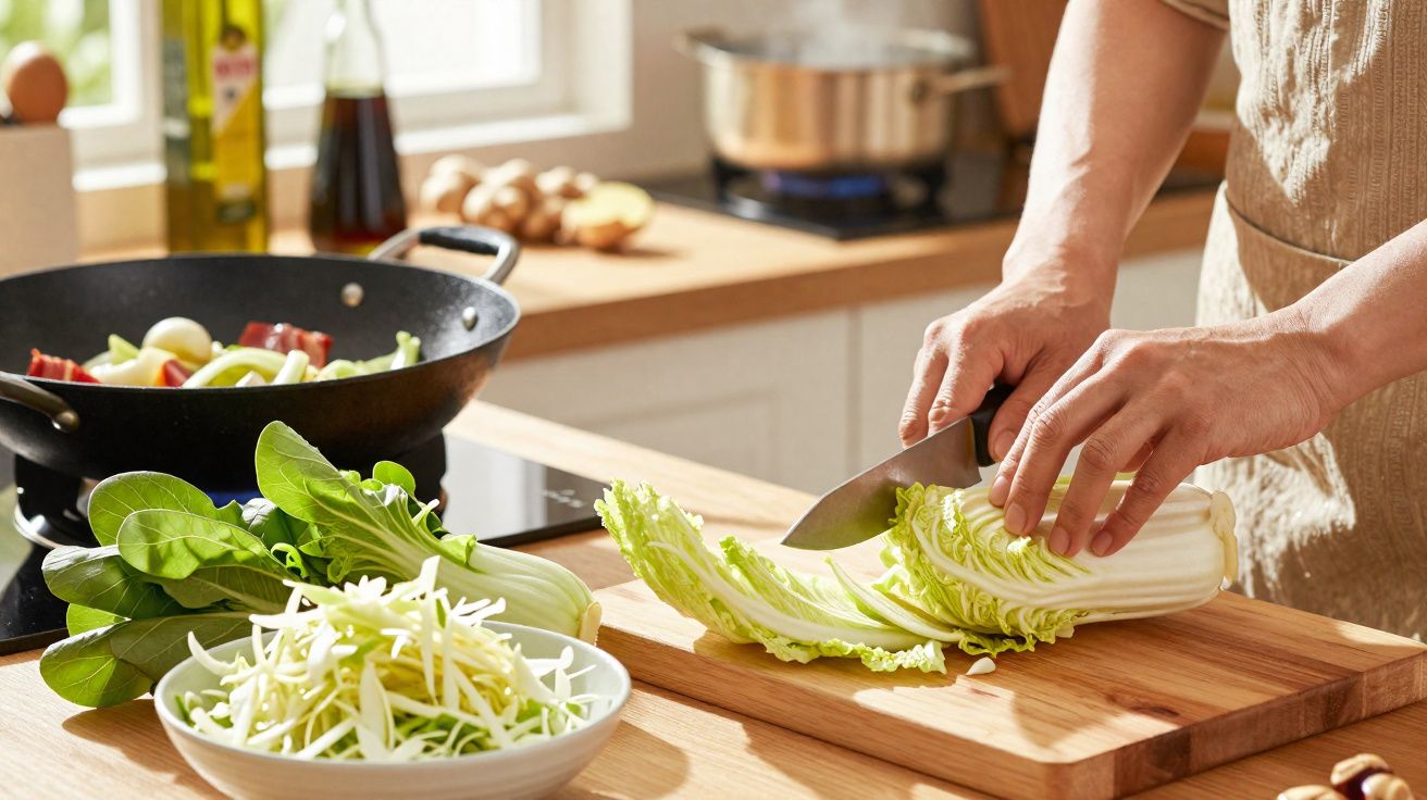 Pessoa cortando acelga em tábua de madeira com legumes frescos e wok ao fundo na cozinha iluminada.