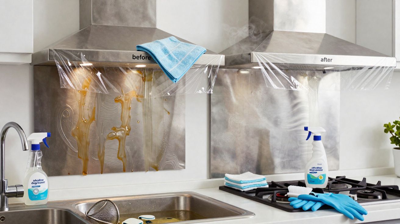 Coifa de cozinha com revestimento plástico mostrando antes e depois da limpeza, ao lado de spray e luvas azuis.