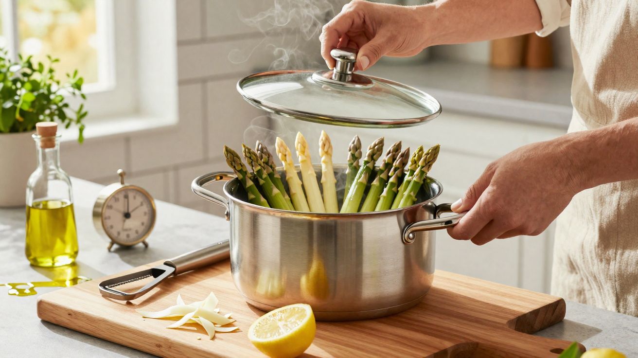 Mãos segurando tampa de panela com aspargos verdes e brancos cozinhando no vapor em cozinha iluminada.