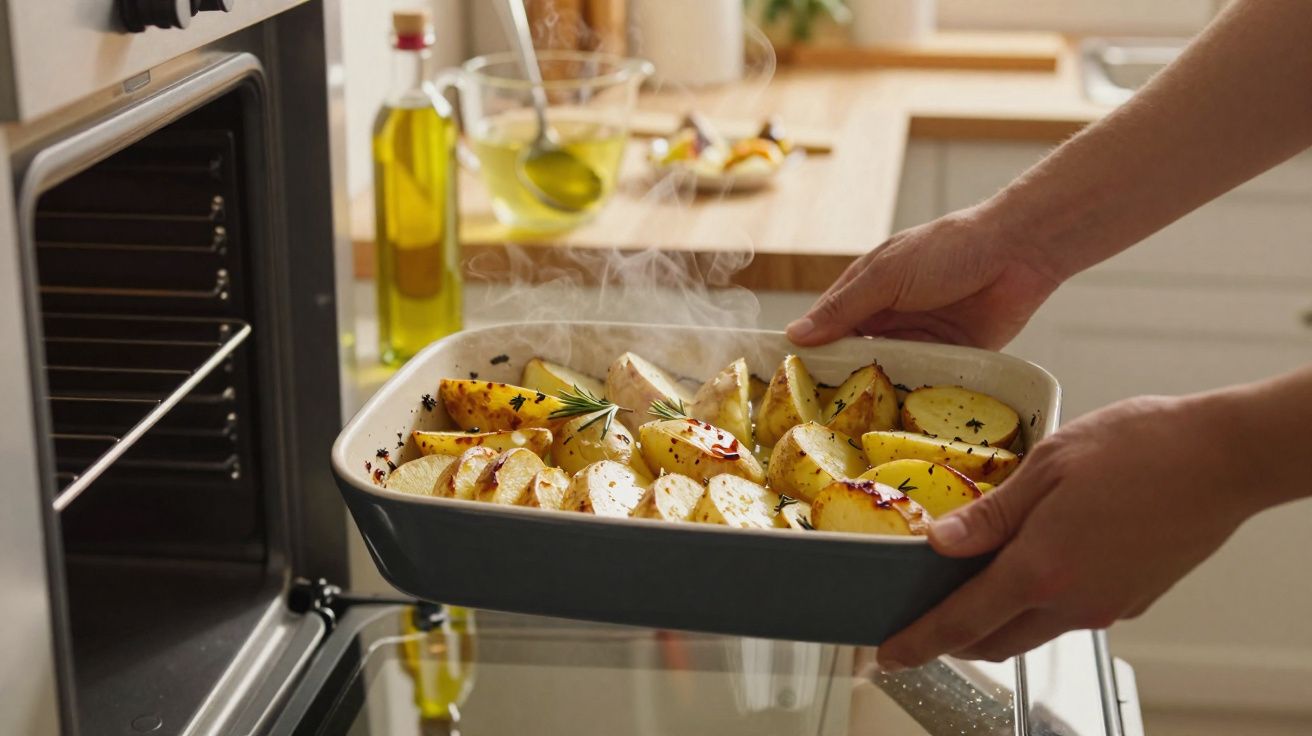 Mãos retirando assadeira com batatas temperadas e fumaça saindo do forno em cozinha.