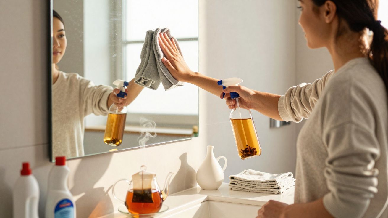 Mulher limpando espelho com pano e spray em banheiro claro com toalhas e chá na bancada.