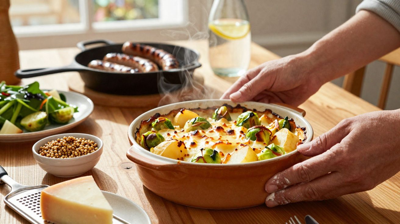 Prato quente com batata gratinada e couve de Bruxelas em mesa de madeira com acompanhamento e mãos segurando a travessa.