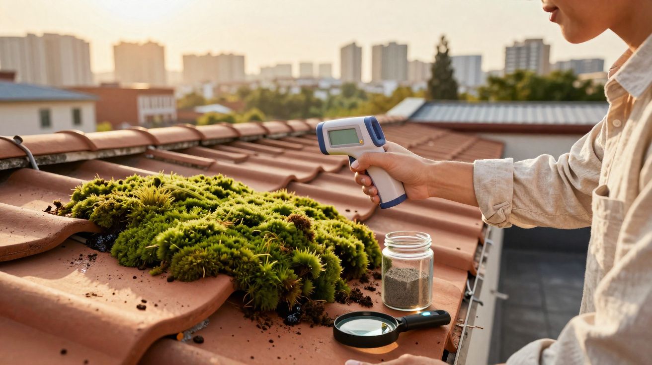 Pessoa medindo temperatura de musgo em telhado com termômetro infravermelho ao pôr do sol na cidade.