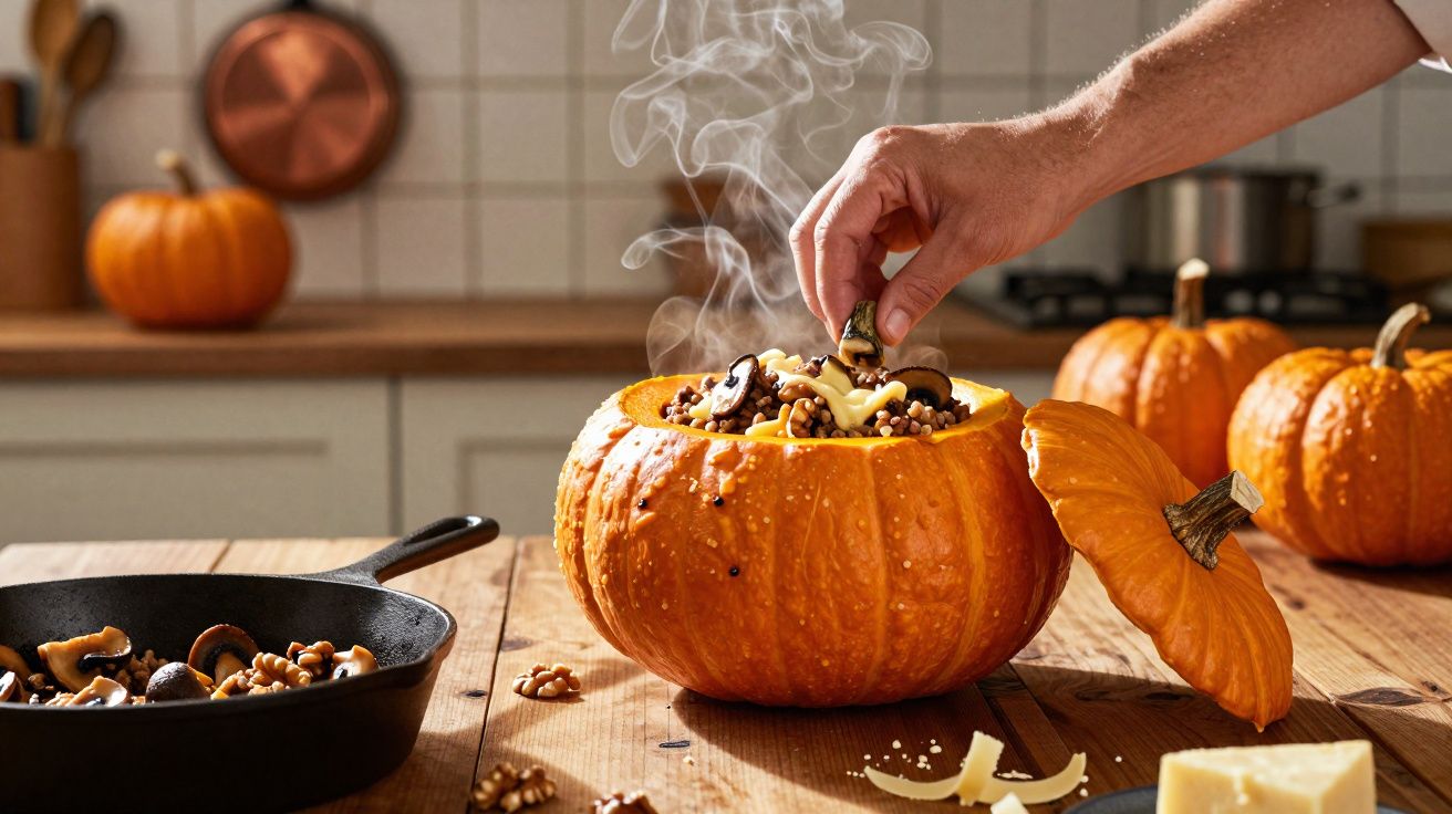 Mão adiciona cogumelos em abóbora recheada com noz-pecã e queijo em cozinha com abóboras ao fundo.