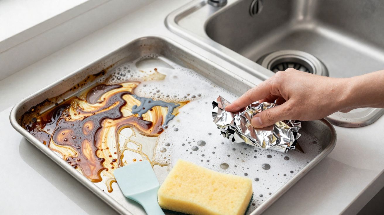 Pessoa removendo gordura grudada em forma de papel alumínio, assadeira suja e esponja perto da pia.
