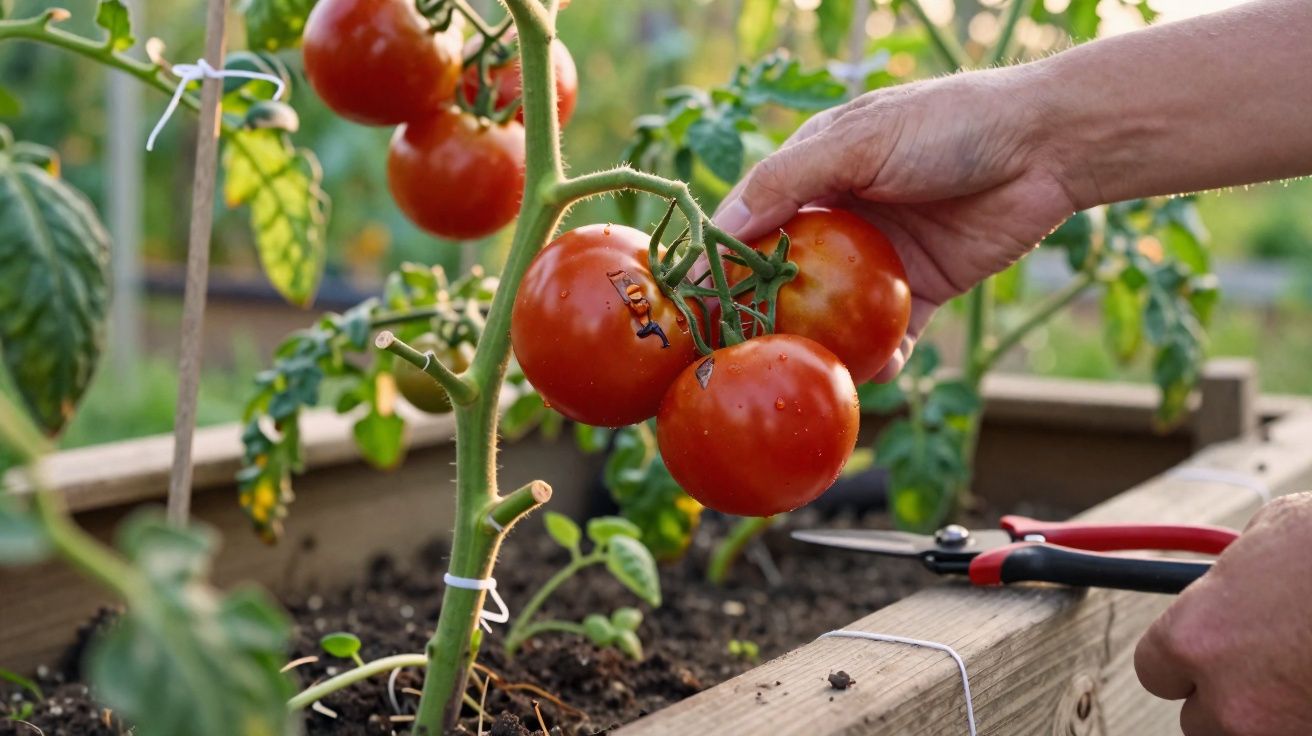 Mão colhendo tomates maduros em planta cultivada em canteiro de madeira em jardim.