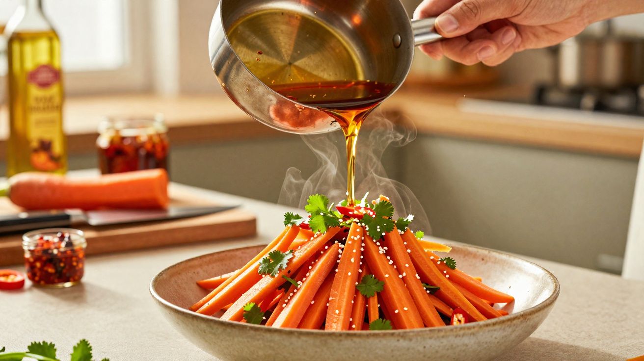 Mãos despejando molho quente sobre cenouras cortadas com coentro e gergelim em prato na cozinha.