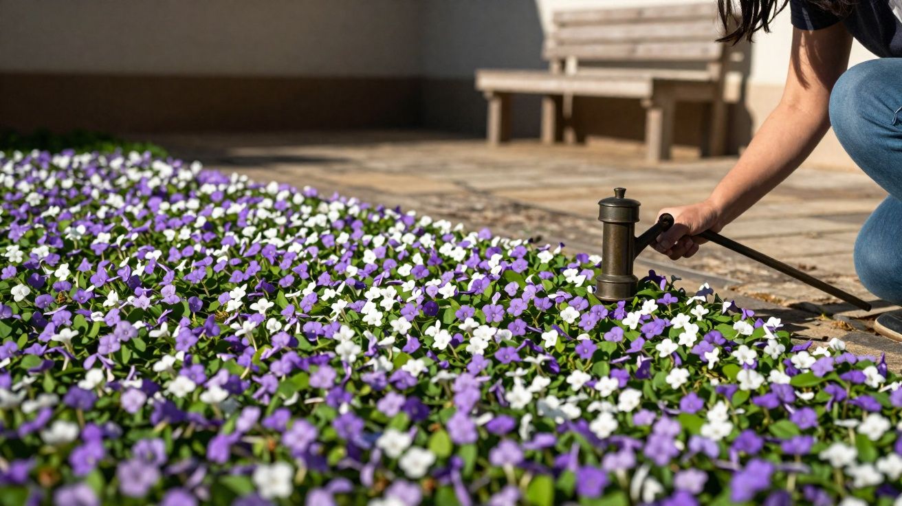 Pessoa regando flores brancas e roxas em um jardim com regador antigo de metal.