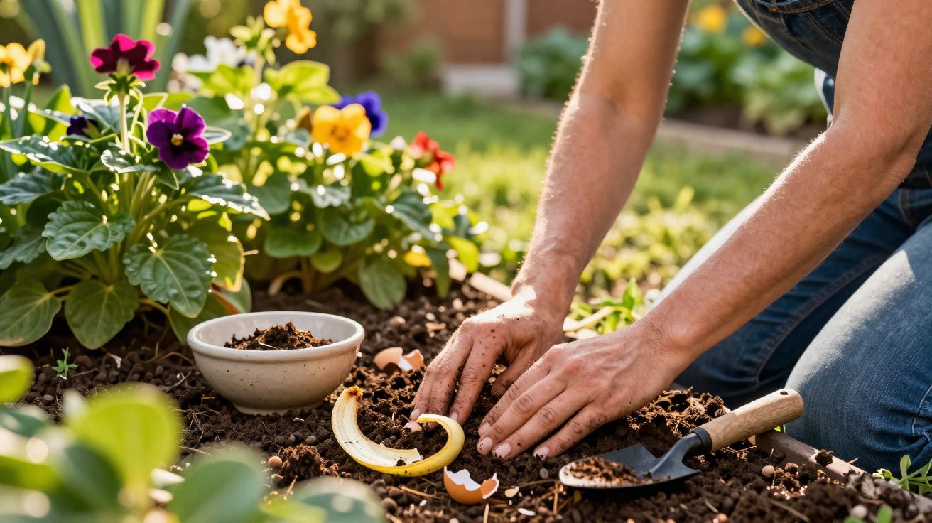 Pessoa plantando mudas no jardim ao lado de flores coloridas durante o dia.