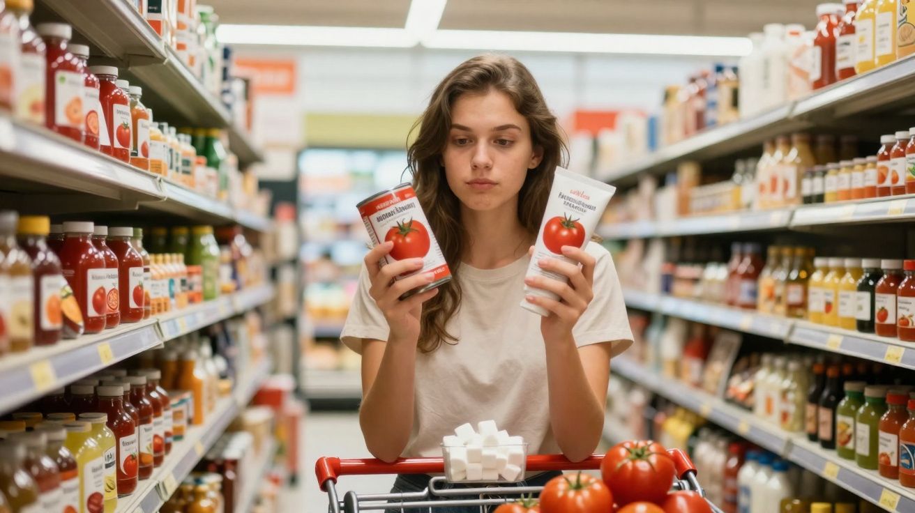 Mulher escolhendo entre molho de tomate em lata e sachê no supermercado, com carrinho cheio de tomates.