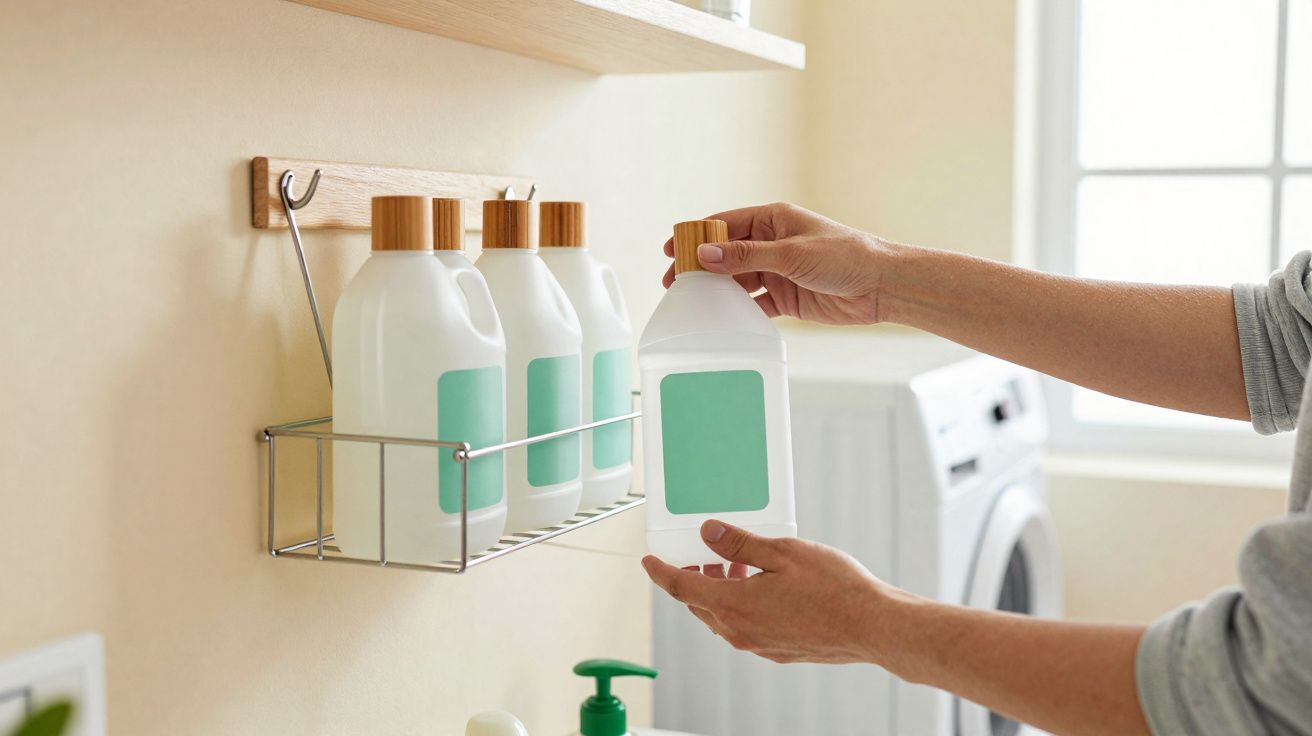 Pessoa segurando frasco branco com tampa de madeira em suporte com outros frascos em lavanderia.