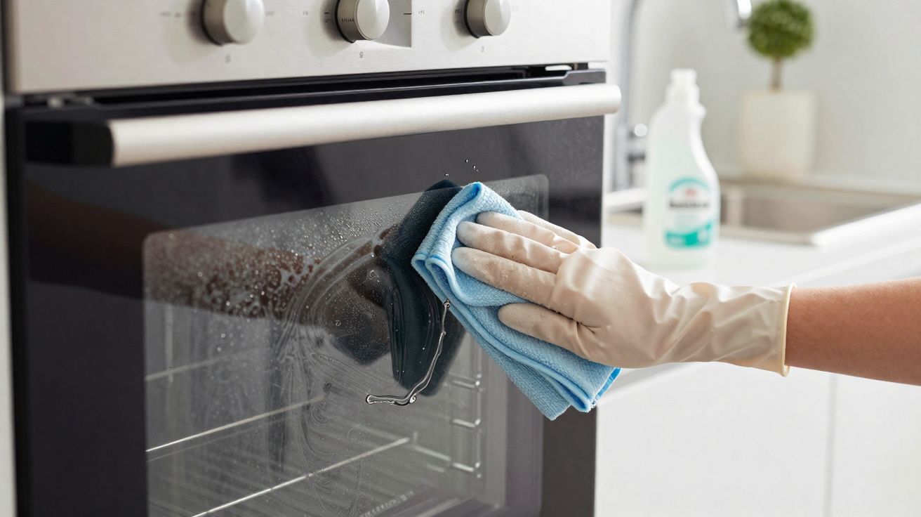 Pessoa com luva de borracha limpando a porta de vidro de um forno com pano azul.